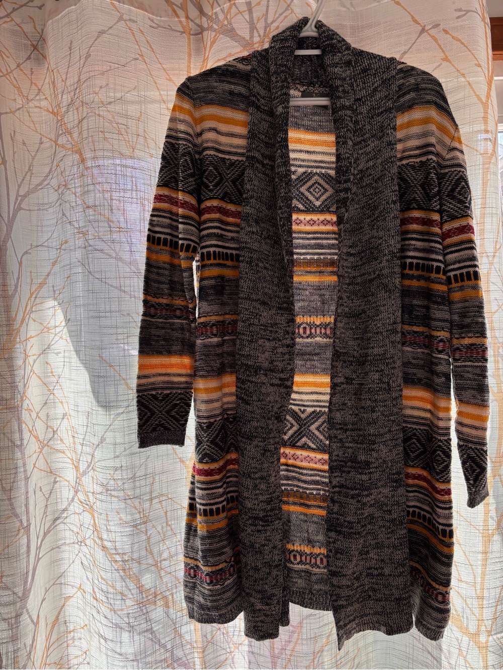 Natural Reflections Gray Open-Front Cardigan with Mustard and Burgundy Stripes